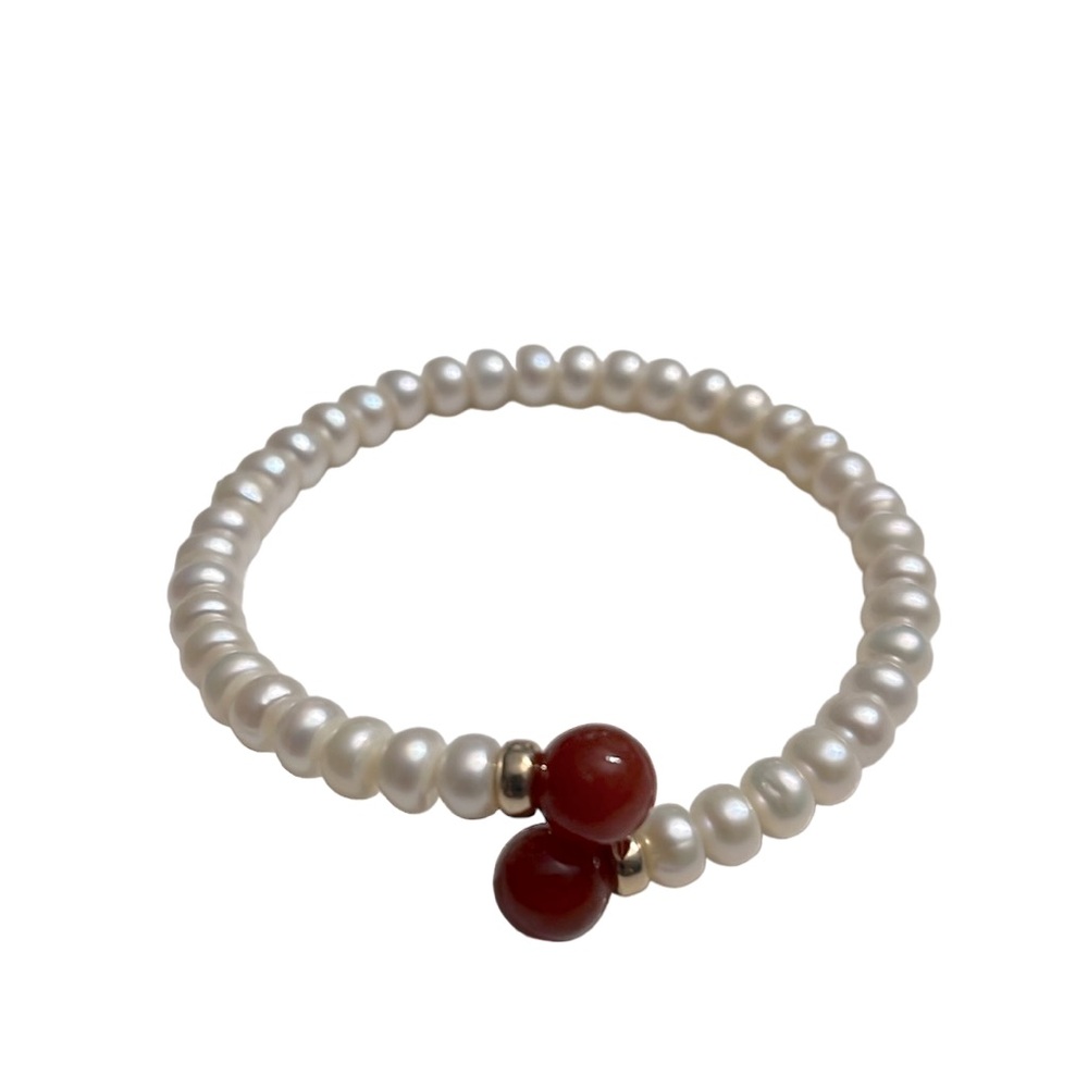 Genuine Pearls Bracelet with Carnelian Beads Tips Dainty Memory Wire One Size